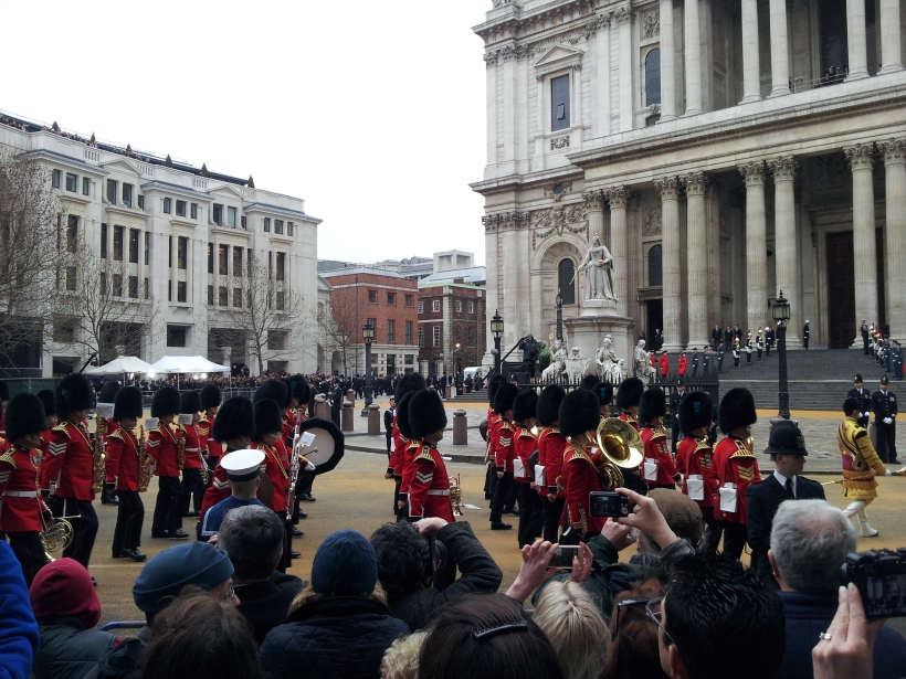 The 1st Battalion Welsh Guards and the Welsh Guards Band march into St Paul's Churchyard to make up their Guard of Honour