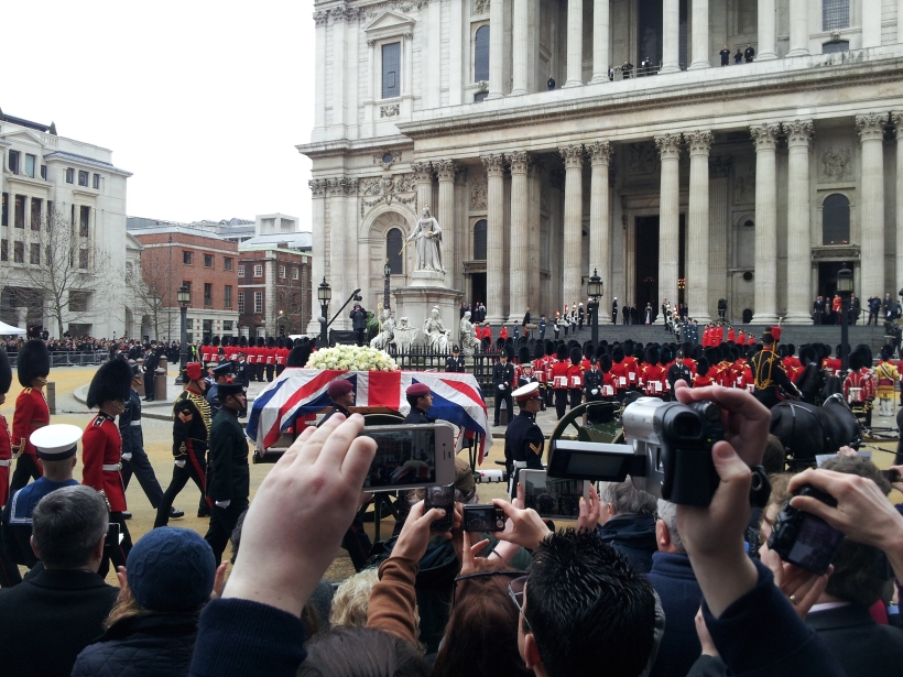 Margaret Thatcher's coffin is drawn on a gun carriage to St Paul's Cathedral